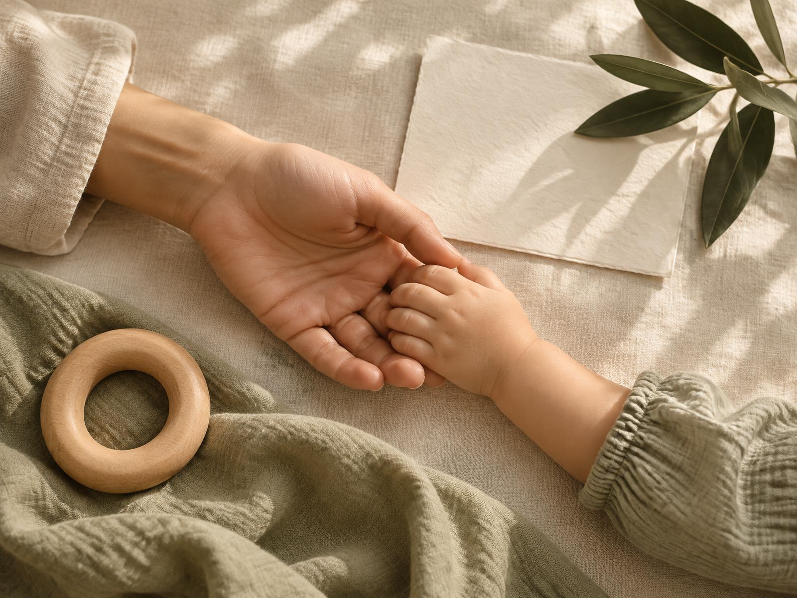 Mano adulta recibiendo la mano de un pequeño sobre materiales naturales
