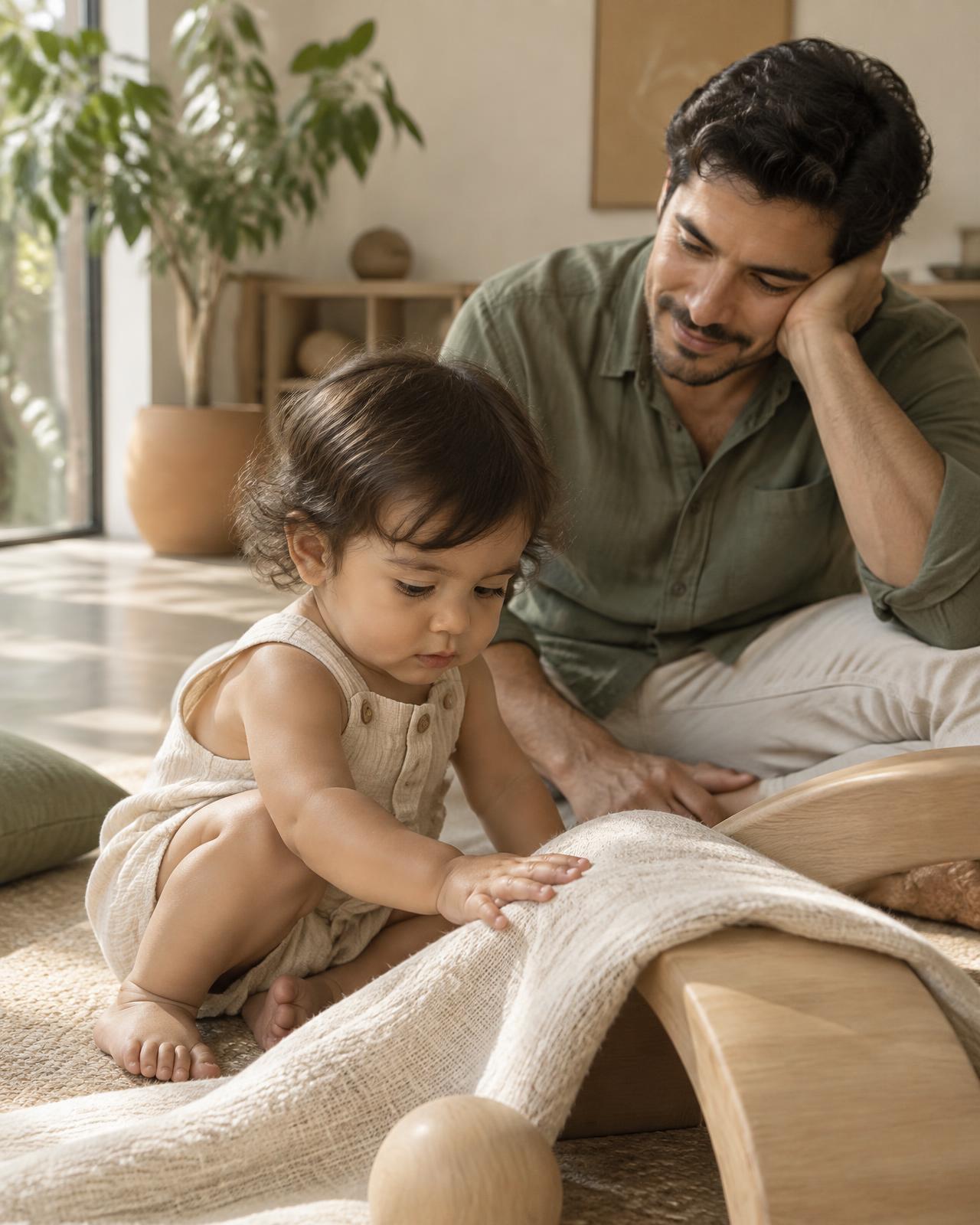 Pequeño explorando una textura mientras su adulto observa
